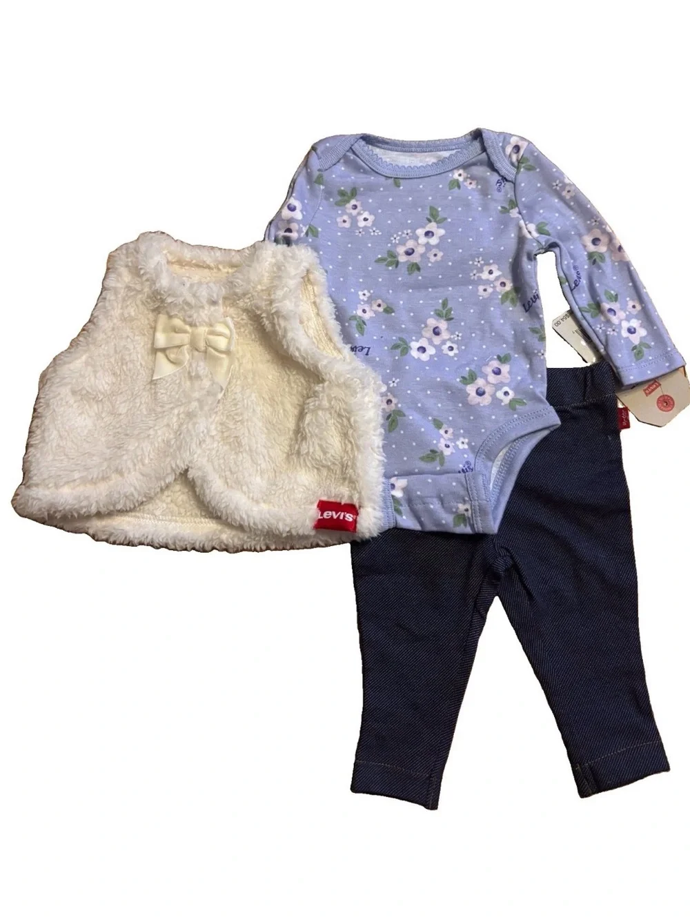 Levi's Baby Girls' 3-Piece Blue Bodysuit, Cream Vest & Navy Leggings Set - 3M